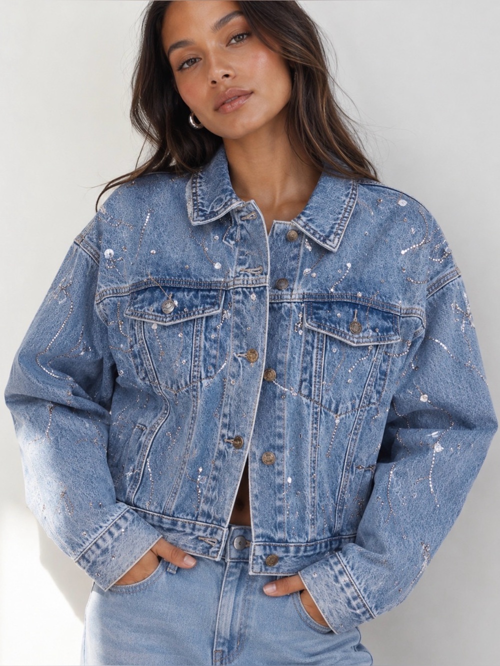 Forever 21 Light Wash Denim Jacket with Sparkling Embellishments NWT